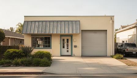 Exterior of a small printer refurbishment workshop on Adrienne Circle in Atwater, California
