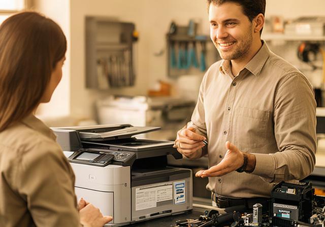 Customer service specialist discussing a refurbished printer beside a workbench in Atwater, California