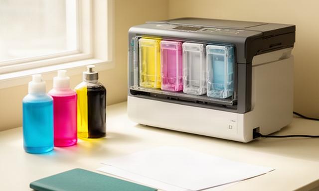 Refurbished Epson EcoTank ET-4760 printer with refill bottles on a small business desk