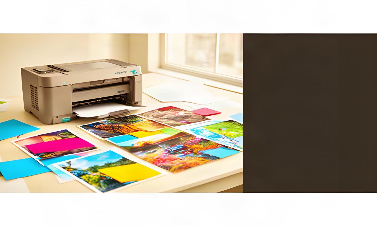 Colorful Epson inkjet prints spread across a bright studio desk beside a refurbished photo printer