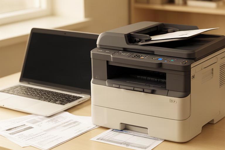Refurbished HP LaserJet printer on a small office desk beside printed accounting documents and a laptop
