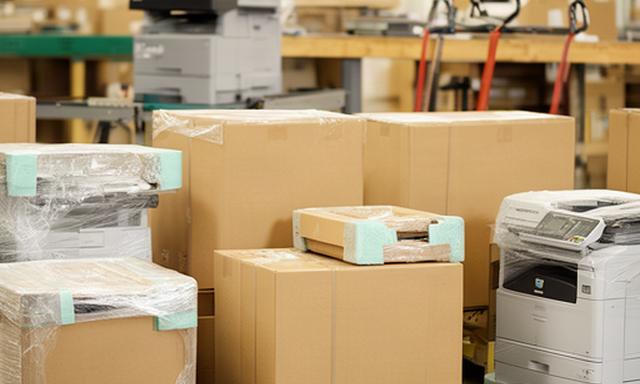 Packed refurbished printers ready for nationwide shipping from an Atwater California workshop