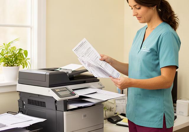 Clinic administrator reviewing printed patient forms beside a refurbished Canon printer
