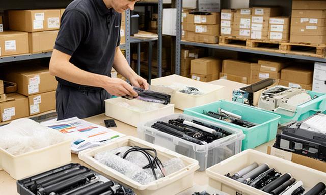 Gozeef Kuttler organising tested printer parts and shipping cartons in the operations area