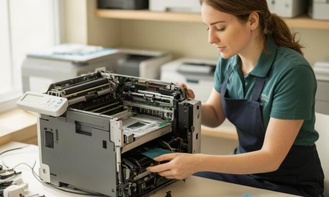 Sushmita Zermane inspecting a refurbished office printer at a bright Atwater workbench