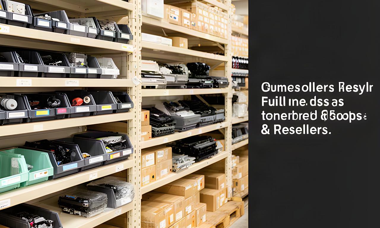 Organized warehouse shelves filled with labelled printer parts bins and boxed components